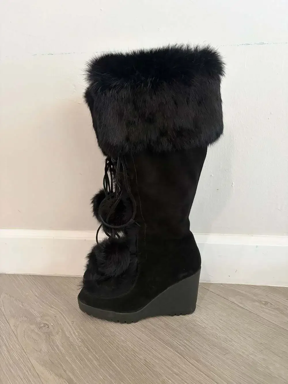 Coach Karita Black Suede Rabbit Fur Trim Wedge Boots